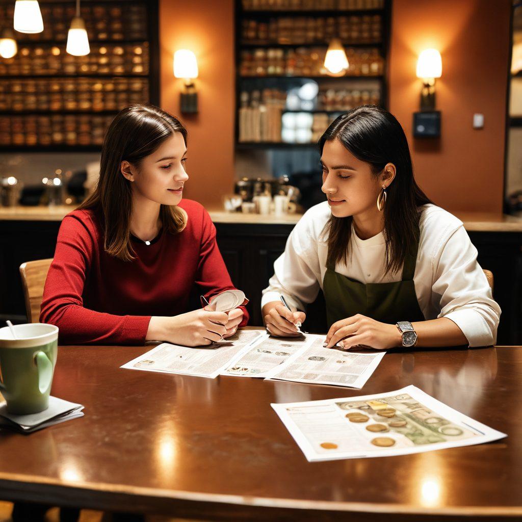 A couple in a cozy café, reviewing financial documents together, surrounded by images of stacks of coins and heart-shaped currency symbols. The ambiance is warm and inviting, with soft lighting and a small potted plant on the table. In the background, a bank building is subtly illustrated, representing capital banking. The overall mood conveys intimacy and concern for shared financial prosperity. super-realistic. warm colors. soft focus.
