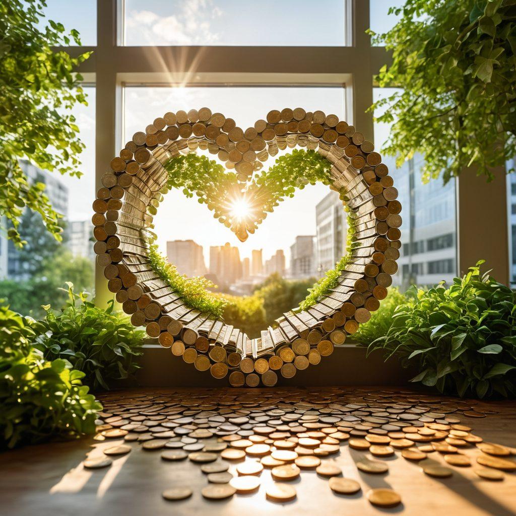 A warm, inviting scene depicting a heart-shaped garden made of coins and banknotes, with a gentle sun shining down. In the background, a cozy, modern bank building with large windows showing happy clients inside, embodying the concept of affection for finances. Lush greenery surrounds the garden, symbolizing growth and nurturing of wealth. Super-realistic. Vibrant colors. Soft, warm lighting.