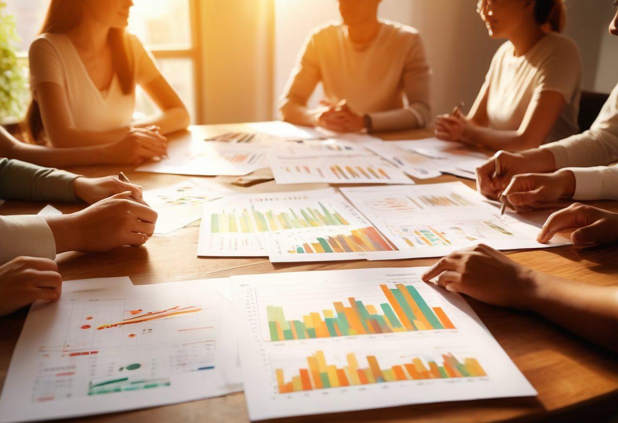 A serene scene of a diverse group of people sitting around a beautiful wooden table, engaged in an animated discussion about finances, surrounded by graphs and charts, with a warm golden light illuminating the space, symbolizing growth and prosperity. super-realistic. vibrant colors. soft focus.